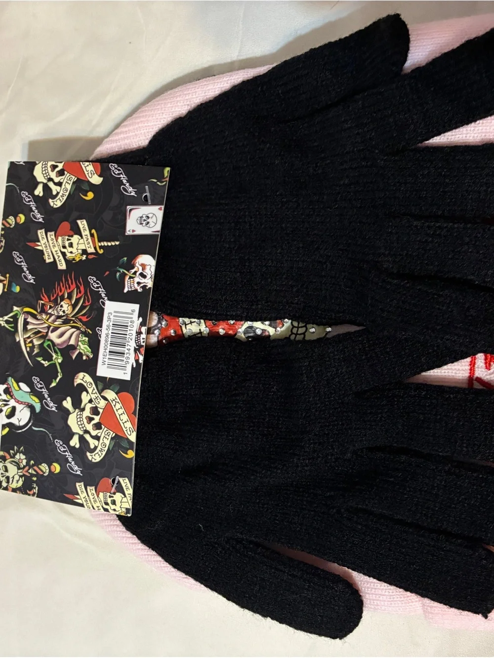 Ed Hardy Black Checkered and Pink Beanie with Floral Patch with gloves